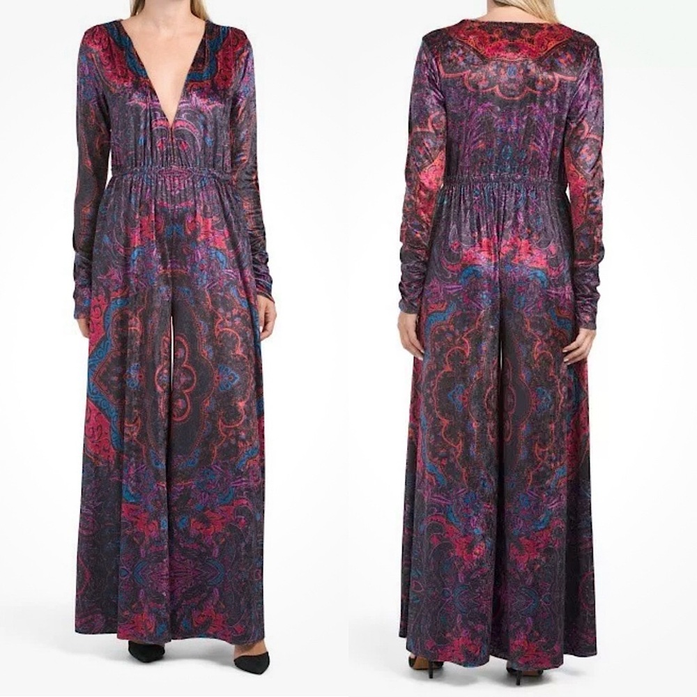Free People Giselle Velvet Billowy Wide Leg Jumpsuit Deep V Neck Floral Print S - Picture 4 of 16